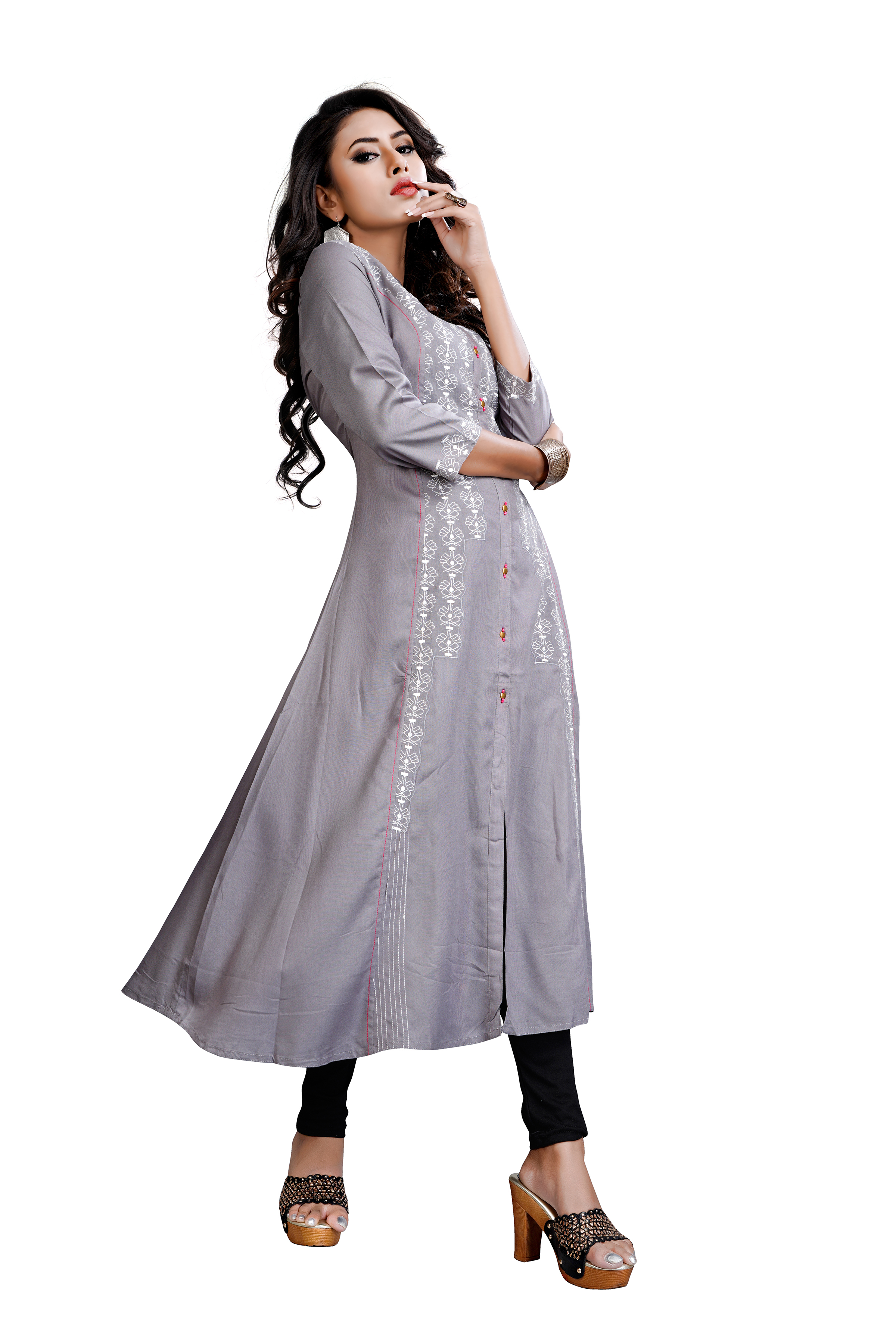 Cotton Kurti - 3/4th Sleeve, Grey With Latest Embroidery Design | Modern Style For Girls