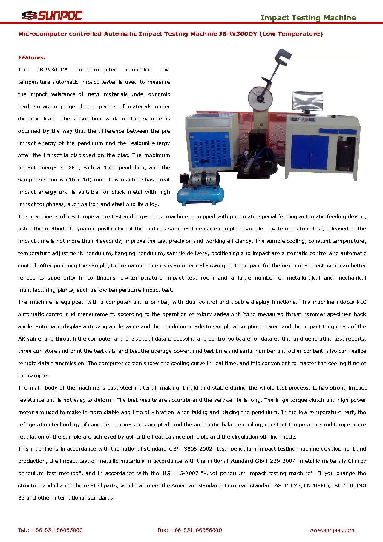Jb-w300dy Low Temperature Microcomputer Controlled Automatic Impact Testing Machine - 300j Impact Energy, 150j Pendulum, 650kg Weight, Automated Cooling And Positioning