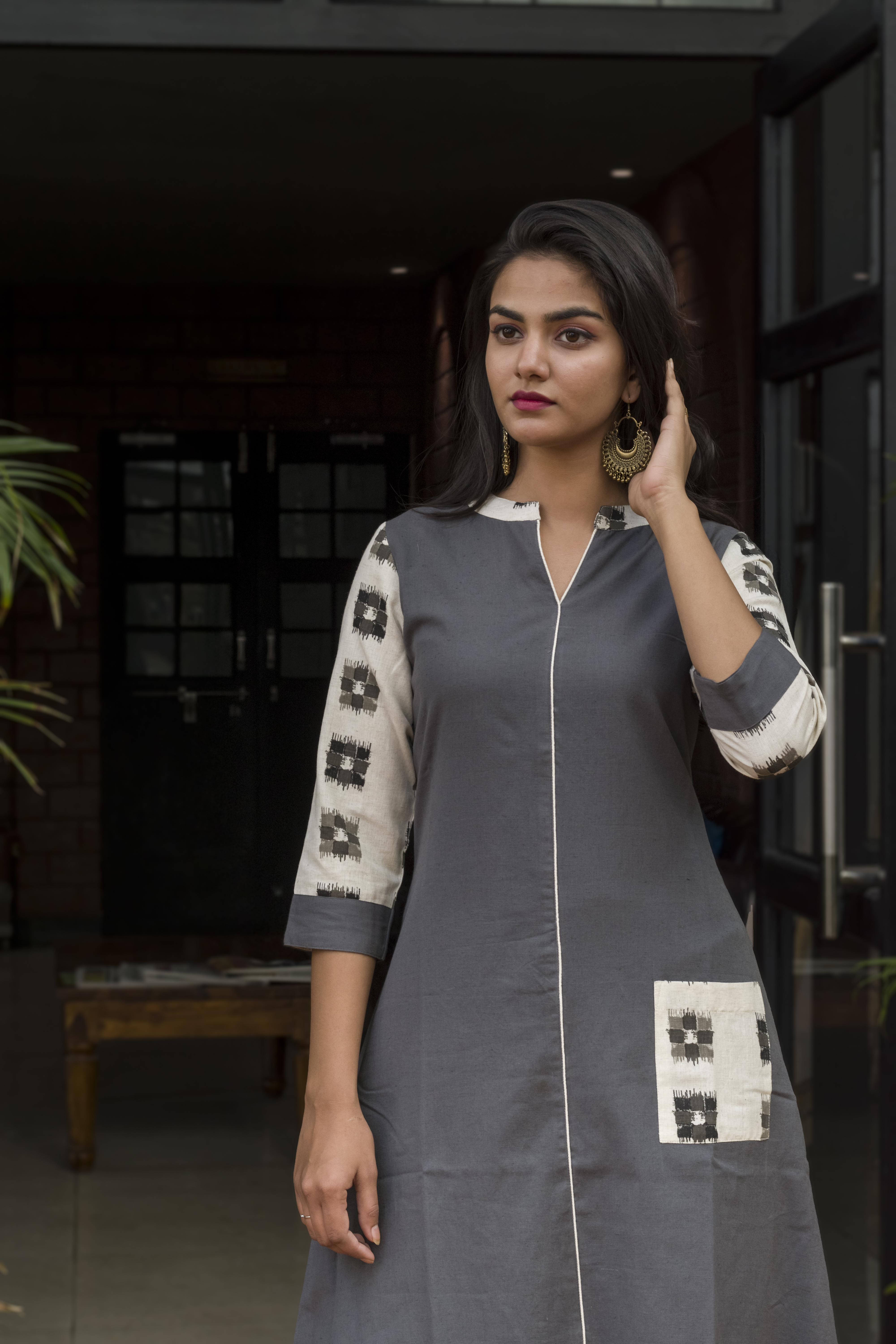 Ladies Casual Cotton Kurti With Printed Palazzo - M Xl Xxl L | Grey Quick Dry Breathable No Fade Washable 3-4th Sleeve