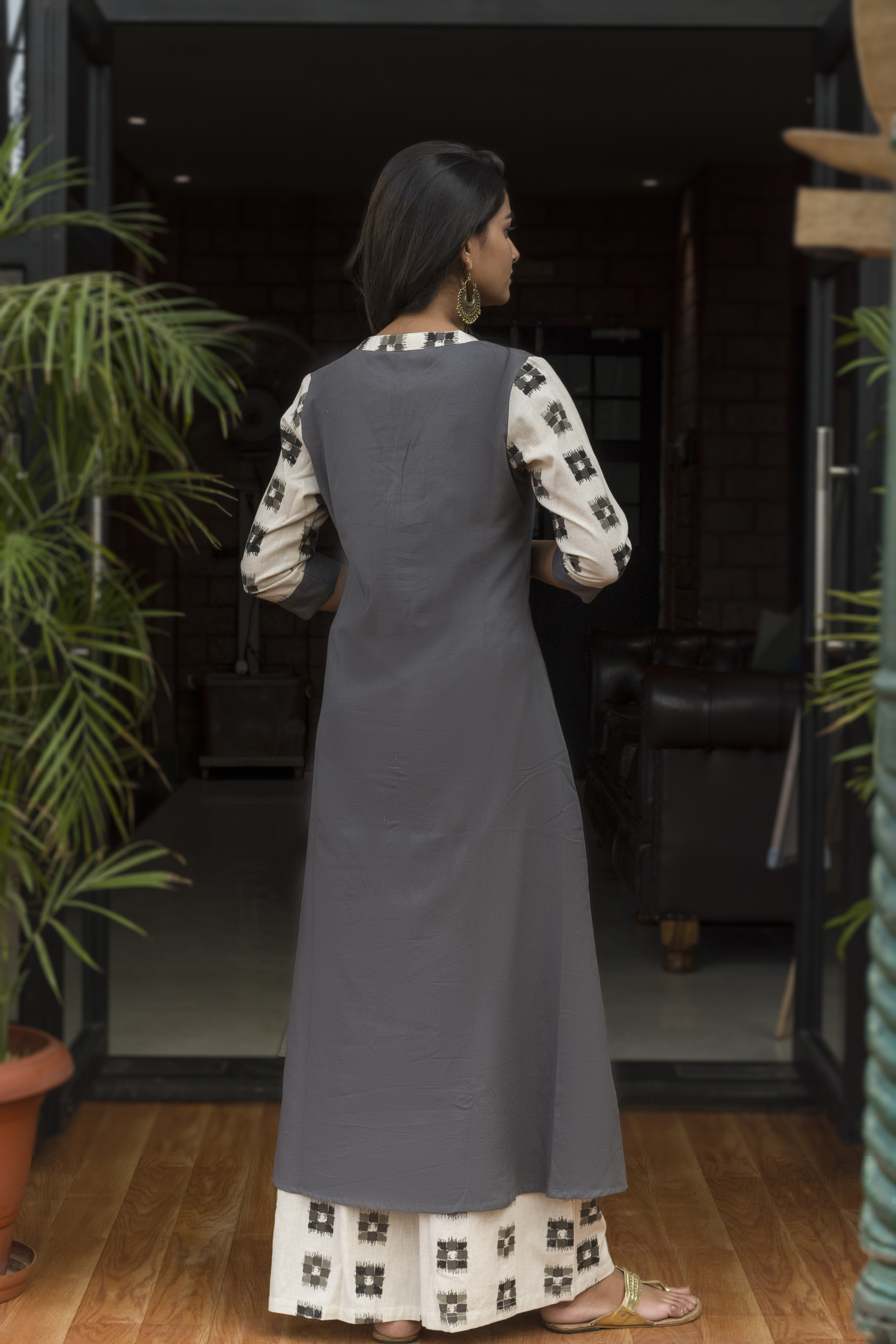 Ladies Casual Cotton Kurti With Printed Palazzo - M Xl Xxl L | Grey Quick Dry Breathable No Fade Washable 3-4th Sleeve