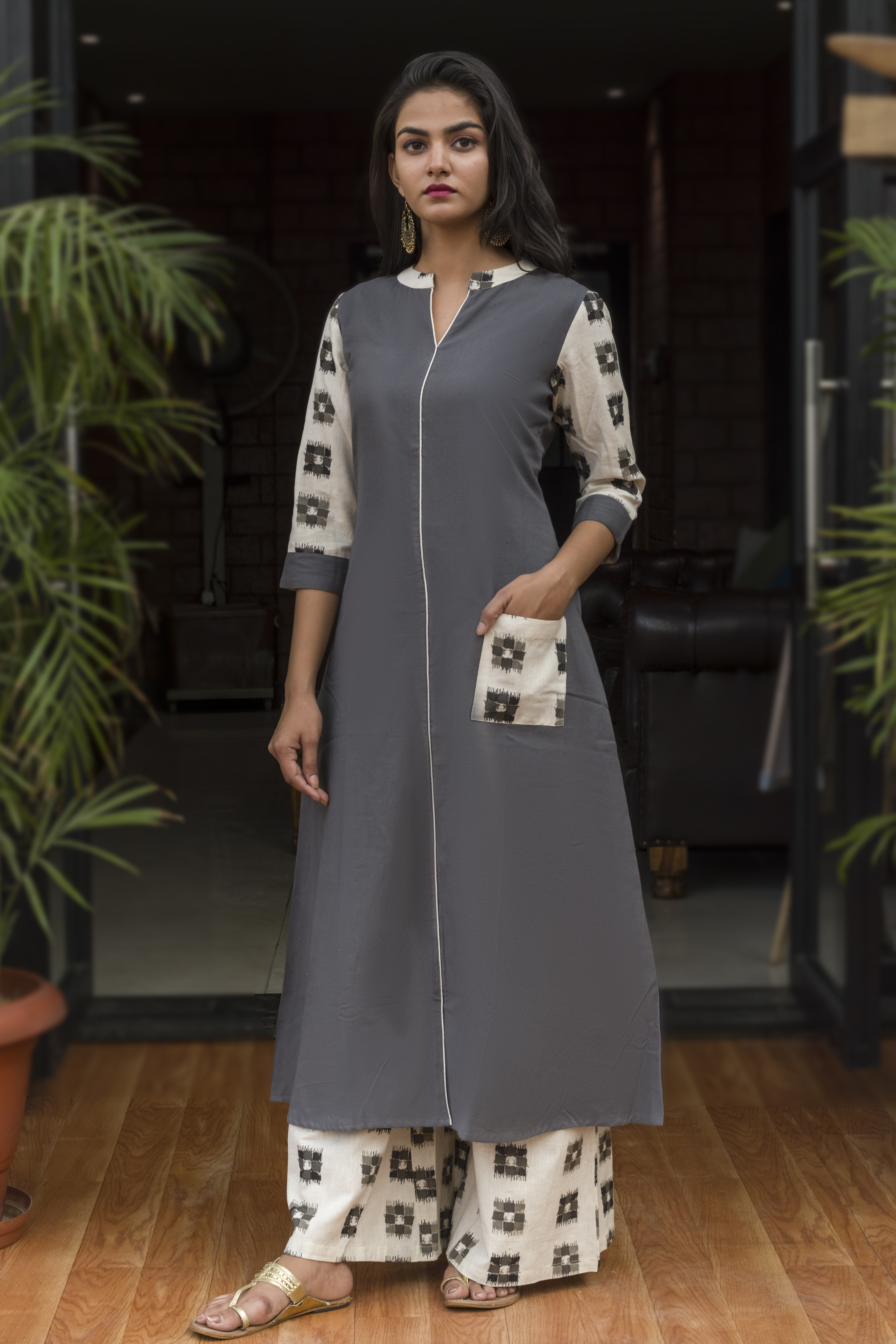 Ladies Casual Cotton Kurti With Printed Palazzo - M Xl Xxl L | Grey Quick Dry Breathable No Fade Washable 3-4th Sleeve