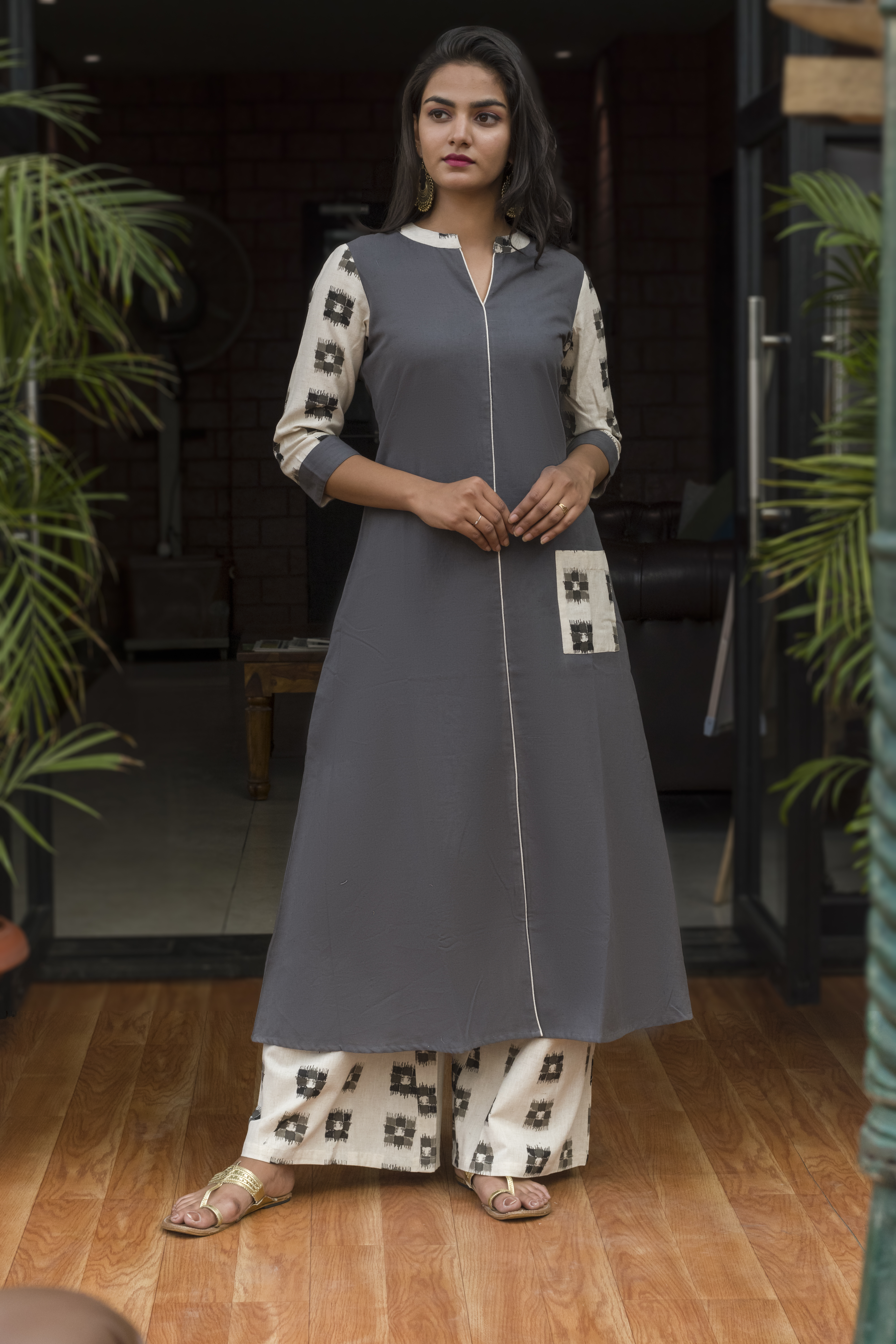 Ladies Casual Cotton Kurti With Printed Palazzo - M Xl Xxl L | Grey Quick Dry Breathable No Fade Washable 3-4th Sleeve