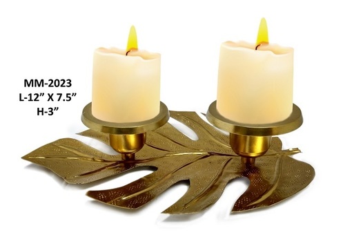 Gold Leaf Candle Stand - Brass, 12x7.5x3 Inches | Elegant Home Decoration, Corporate Gift