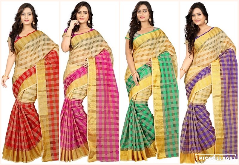 Fancy Cotton Silk Saree - Cotton Silk, Length: 5.5 Mtr, Blouse Length: 0.8 Mtr | Multiple Colors, Checked Pattern, South Style