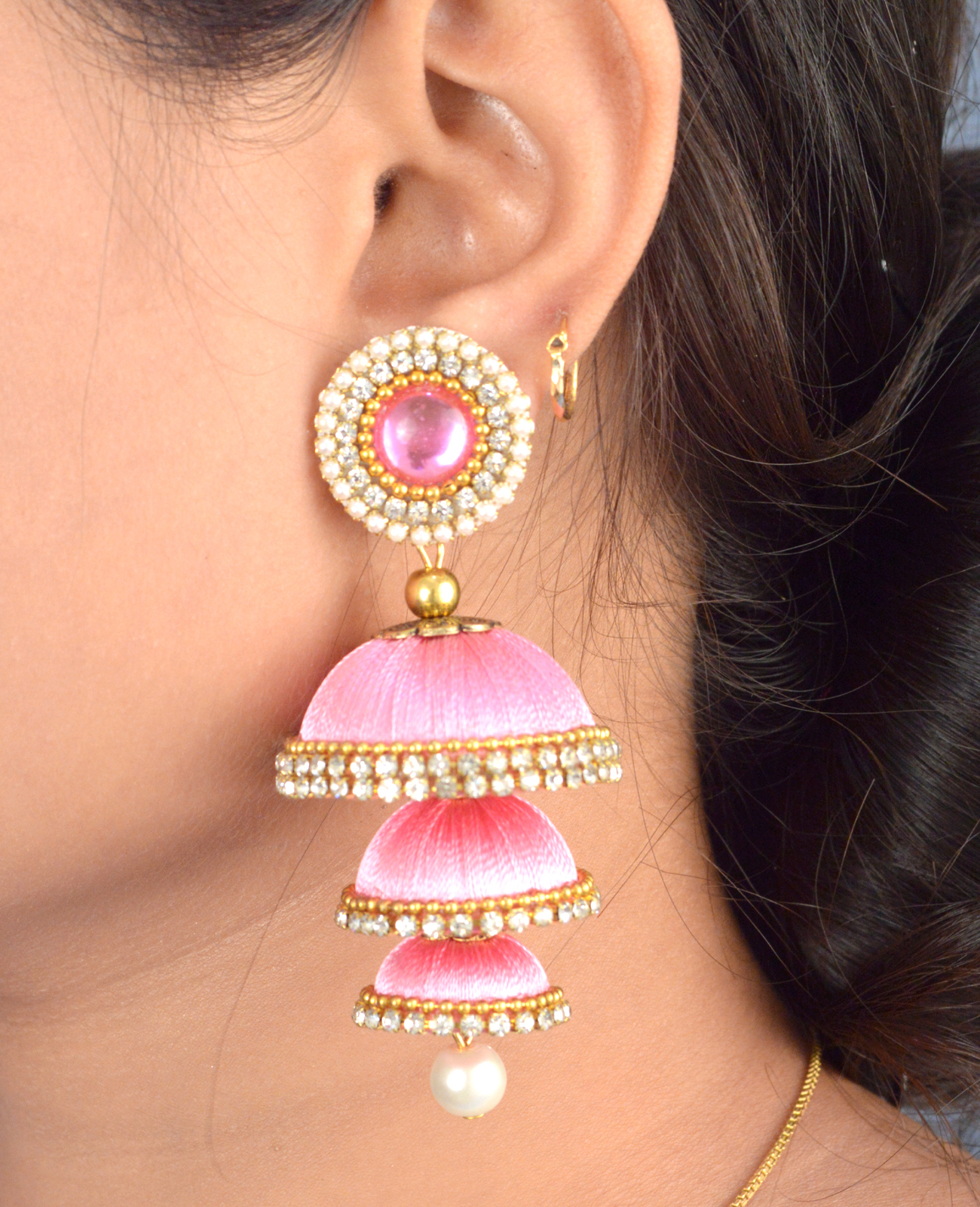 Pink Silk Thread Handmade Earrings