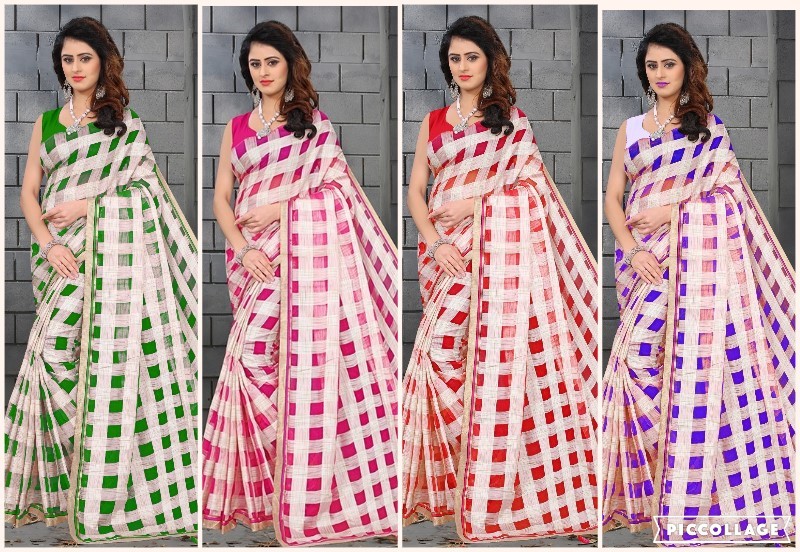 Fancy Organza Checks Saree - Cotton & Organza Fabric, Length: 5.5 Mtr, Blouse Length: 0.8 Mtr, Style: Bangali, Color: Multiple Colors, Closure: Laces