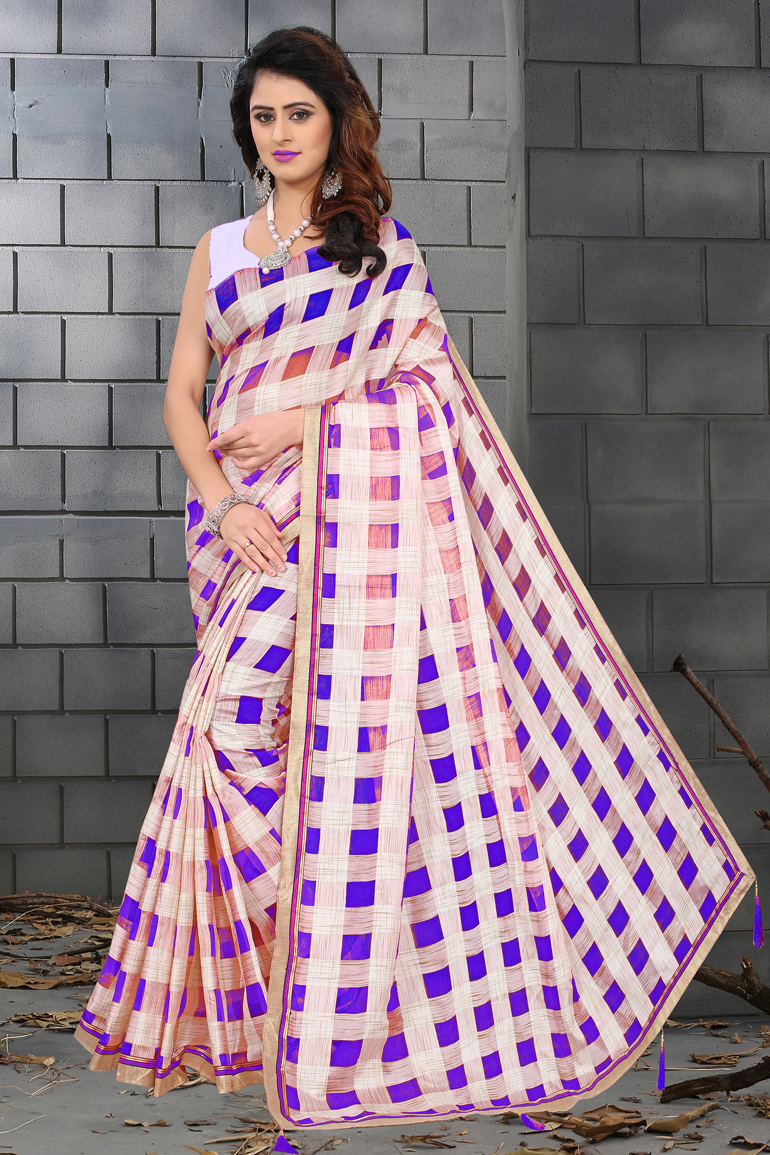 Fancy Organza Checks Saree - Cotton & Organza Fabric, Length: 5.5 Mtr, Blouse Length: 0.8 Mtr, Style: Bangali, Color: Multiple Colors, Closure: Laces