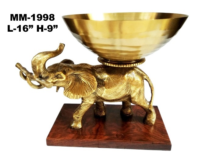 Gold Brass Camel Collection Glass Bowl With Wood Base