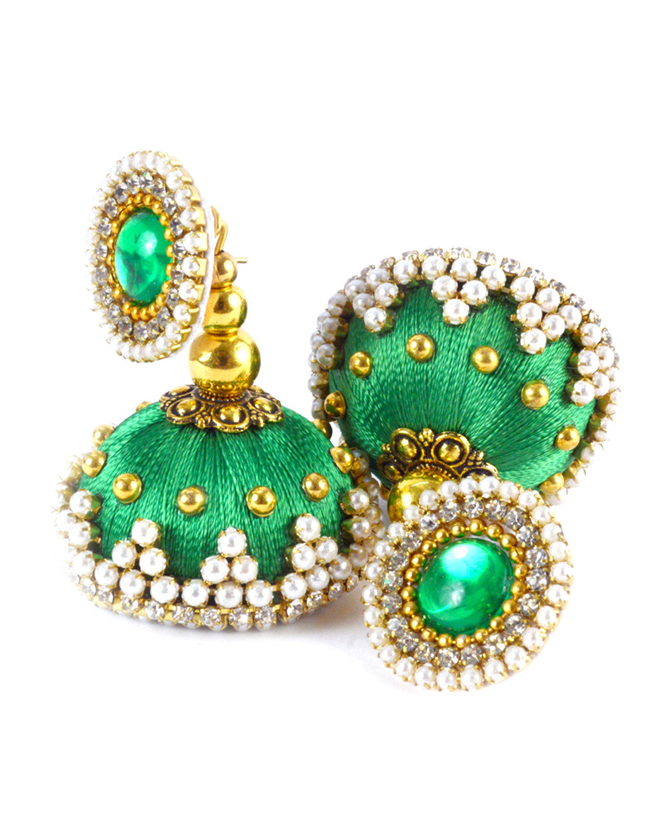 Latest Design Green Beaded Silk Thread Earrings - Pearl