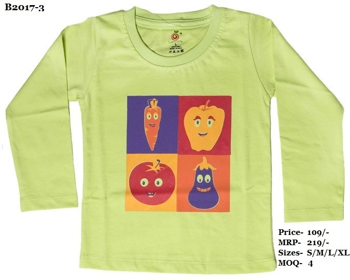 Kids Vegetable Design Printed T-shirts - Cotton, Sizes S/m/l/xl (0-4 Yrs) | Peach, Yellow, Green - Round Neck, Full Sleeve, No Fade, Trendy