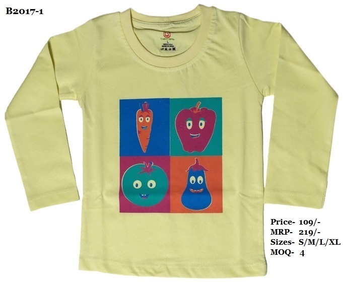 Kids Vegetable Design Printed T-shirts - Cotton, Sizes S/m/l/xl (0-4 Yrs) | Peach, Yellow, Green - Round Neck, Full Sleeve, No Fade, Trendy