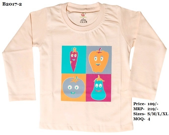 Kids Vegetable Design Printed T-shirts - Cotton, Sizes S/m/l/xl (0-4 Yrs) | Peach, Yellow, Green - Round Neck, Full Sleeve, No Fade, Trendy