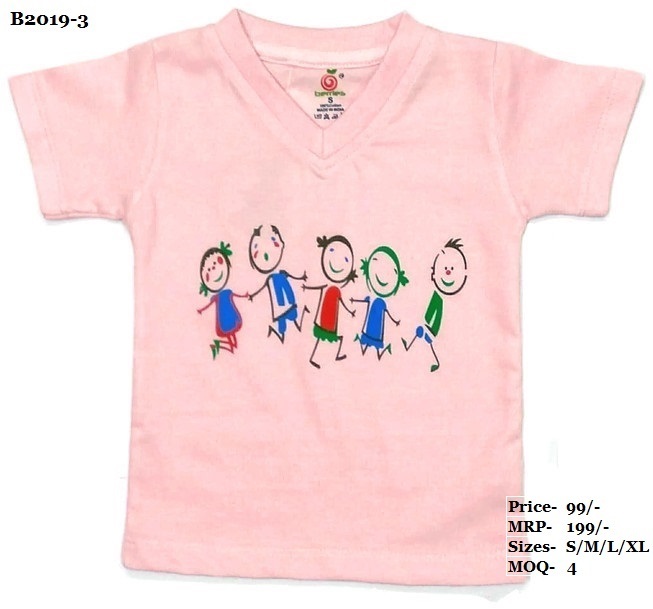 Kids Children Design Print T-shirts - Cotton, S/m/l/xl (0-4 Years) | Melange, Green, Pink - V Neck, Half Sleeve, Eye-catchy Pattern, Azo Free Dyes