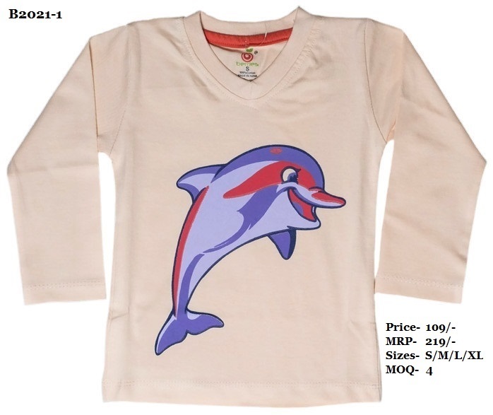 Kids Dolphin Design Printed T-shirts - 100% Pre-shrunk Cotton, Sizes S/m/l/xl, Navy Blue/peach/yellow | V Neck, Full Sleeve, No Fade, Adjustable For Sports & Casual Wear