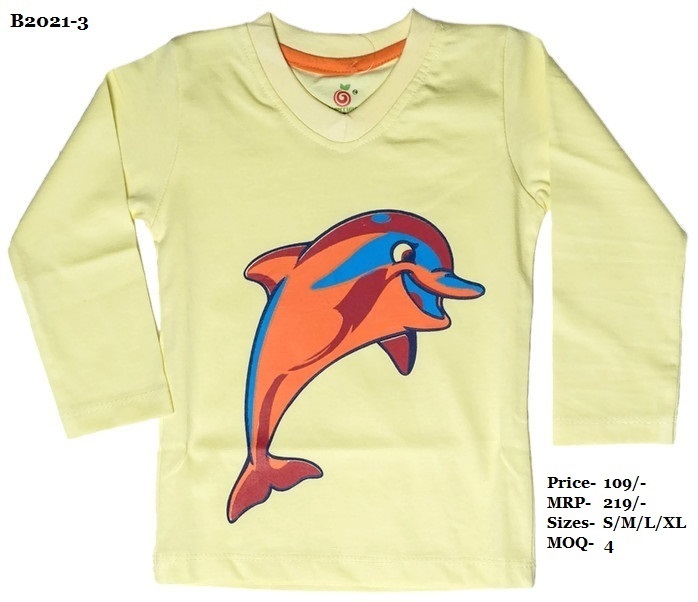 Kids Dolphin Design Printed T-shirts - 100% Pre-shrunk Cotton, Sizes S/m/l/xl, Navy Blue/peach/yellow | V Neck, Full Sleeve, No Fade, Adjustable For Sports & Casual Wear