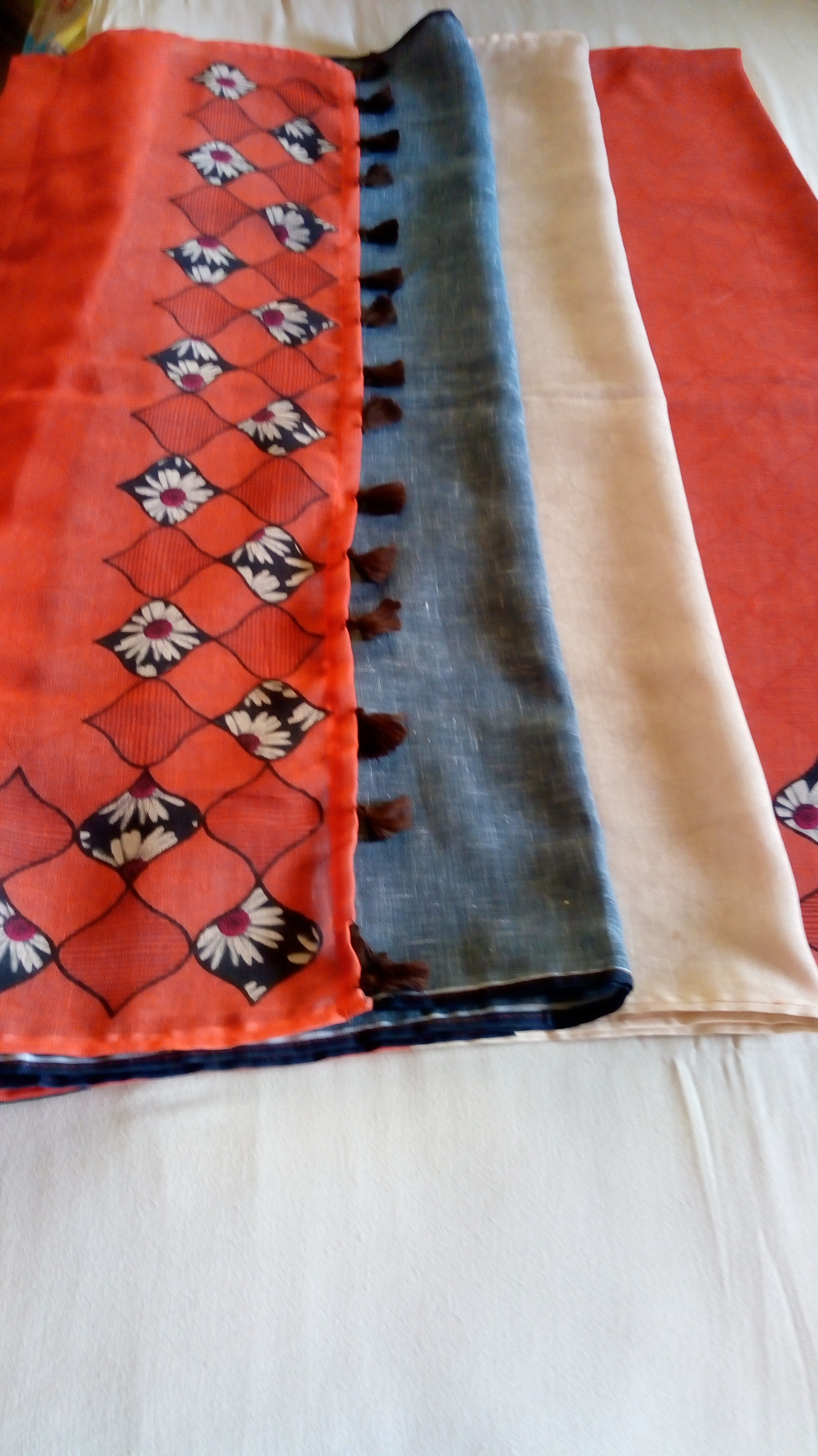 Cotton Linen Saree - Silk Material, Rust Grey Off White Colors | Exclusive Stylish Design For All Ages And All Seasons