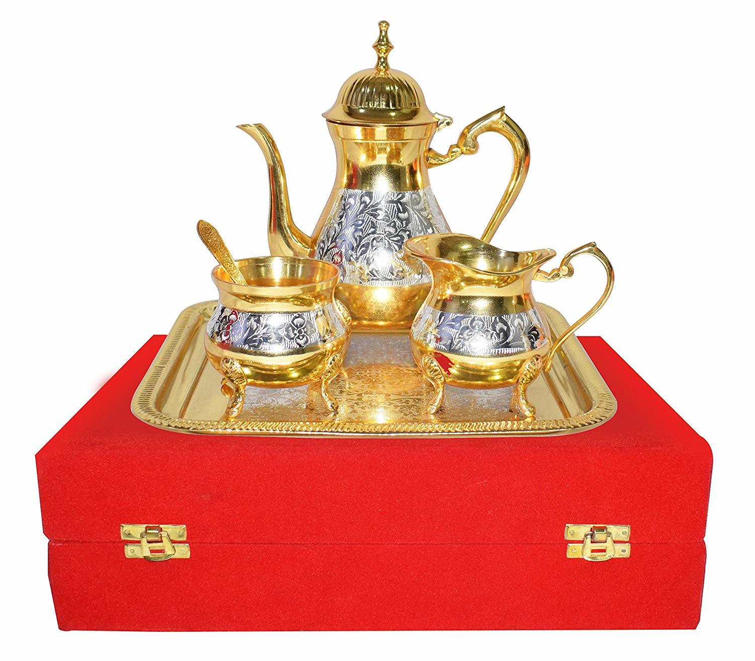 Beautiful Brass Silver Plated 4 Cups Tea Set With Gift Box Size: Customize