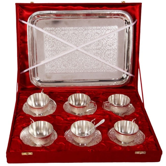 Beautiful Brass Silver Plated 4 Cups Tea Set With Gift Box Size: Customize