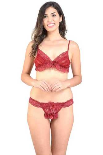 Bra & Panty Set - Red Lace Design Peek a Boo Bra, Crotchless Panty | Free Size, Perfect for Bedroom, Valentine's Day, Honeymoon