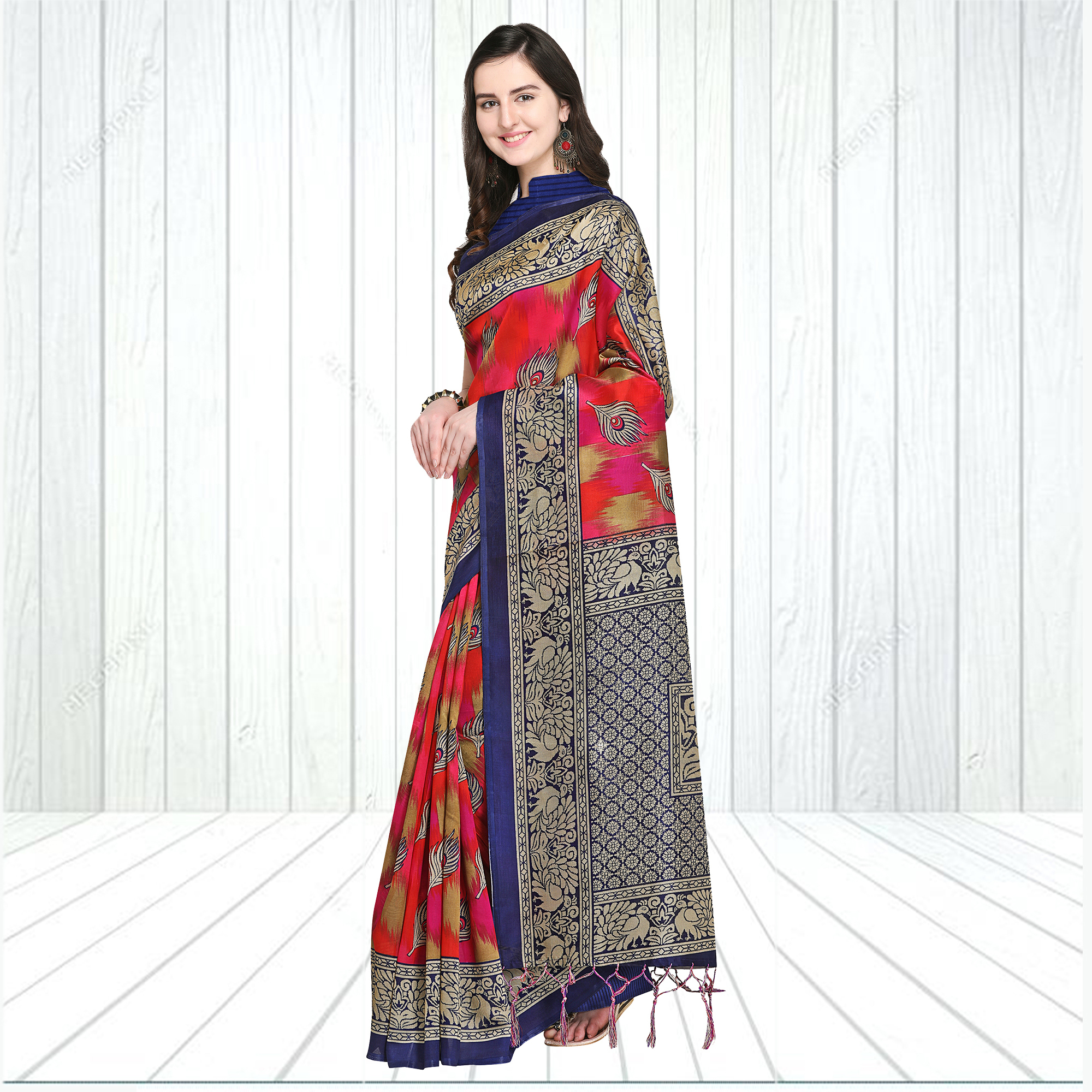 Mysore Silk Saree - Multicolor Art Silk Fabric, Printed Pattern With Contemporary Mor Pankh Design , Fancy Tussels And Matching Blouse Piece For Festive Elegance