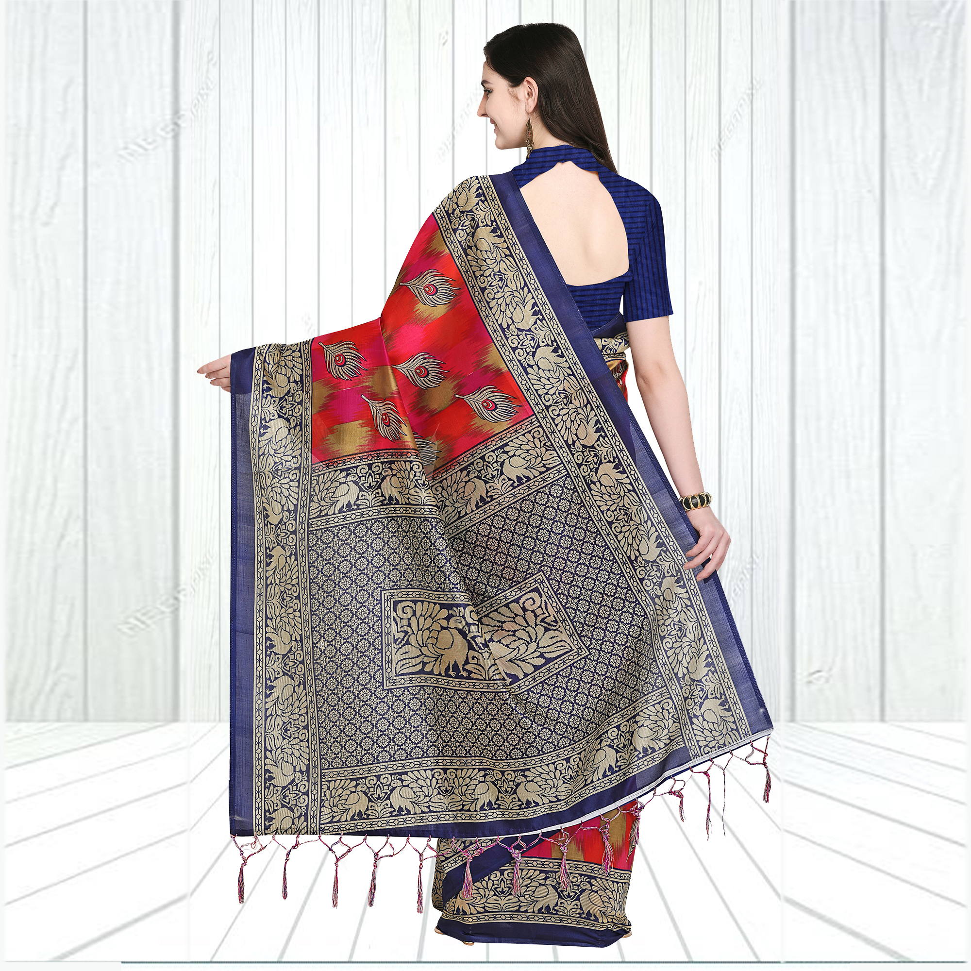 Mysore Silk Saree - Multicolor Art Silk Fabric, Printed Pattern With Contemporary Mor Pankh Design , Fancy Tussels And Matching Blouse Piece For Festive Elegance