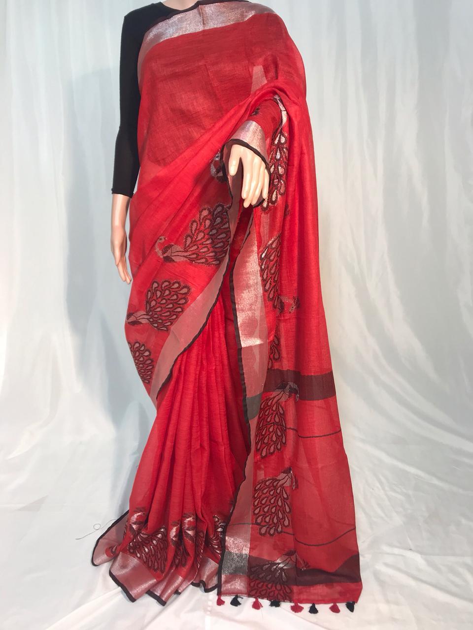 Pure Linen Jacquard Tussar Silk Saree - 120 Count Handloomed Beauty, Exemplary Texture & Natural Elegance