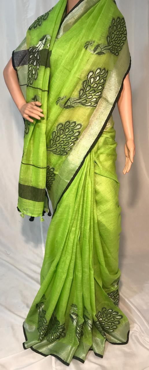 Pure Linen Jacquard Tussar Silk Saree - 120 Count Handloomed Beauty, Exemplary Texture & Natural Elegance