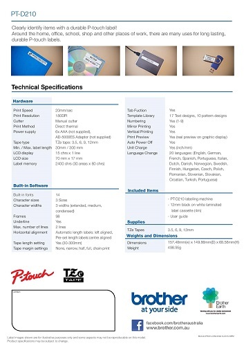 Brother Label Printer Pt-d210 - Attributes: Durable