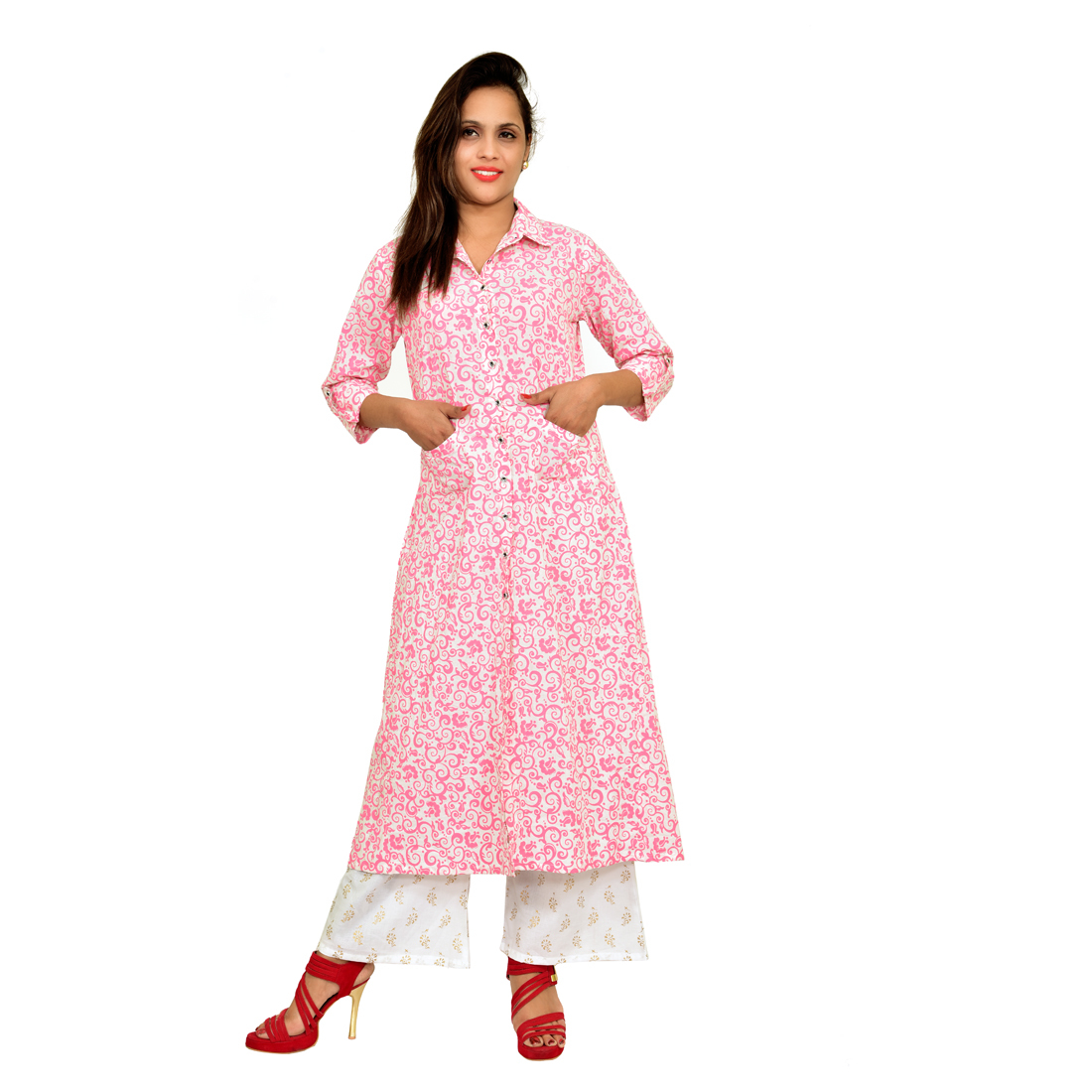 Pink Designer Plazzo Cotton Kurti