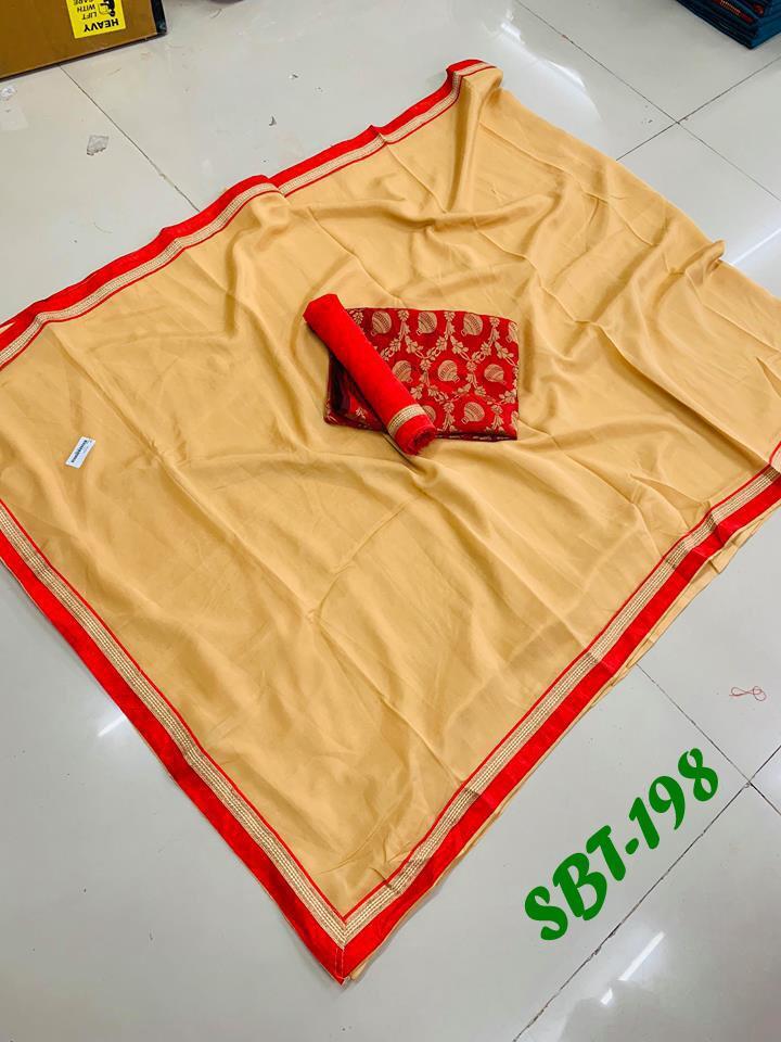 Crepe Saree With Double Blouse Piece - Crepe Fabric, 5.5 Mtr Length, 0.8 Mtr Blouse | Art Silk, Plain Pattern With Elegant Patch Work