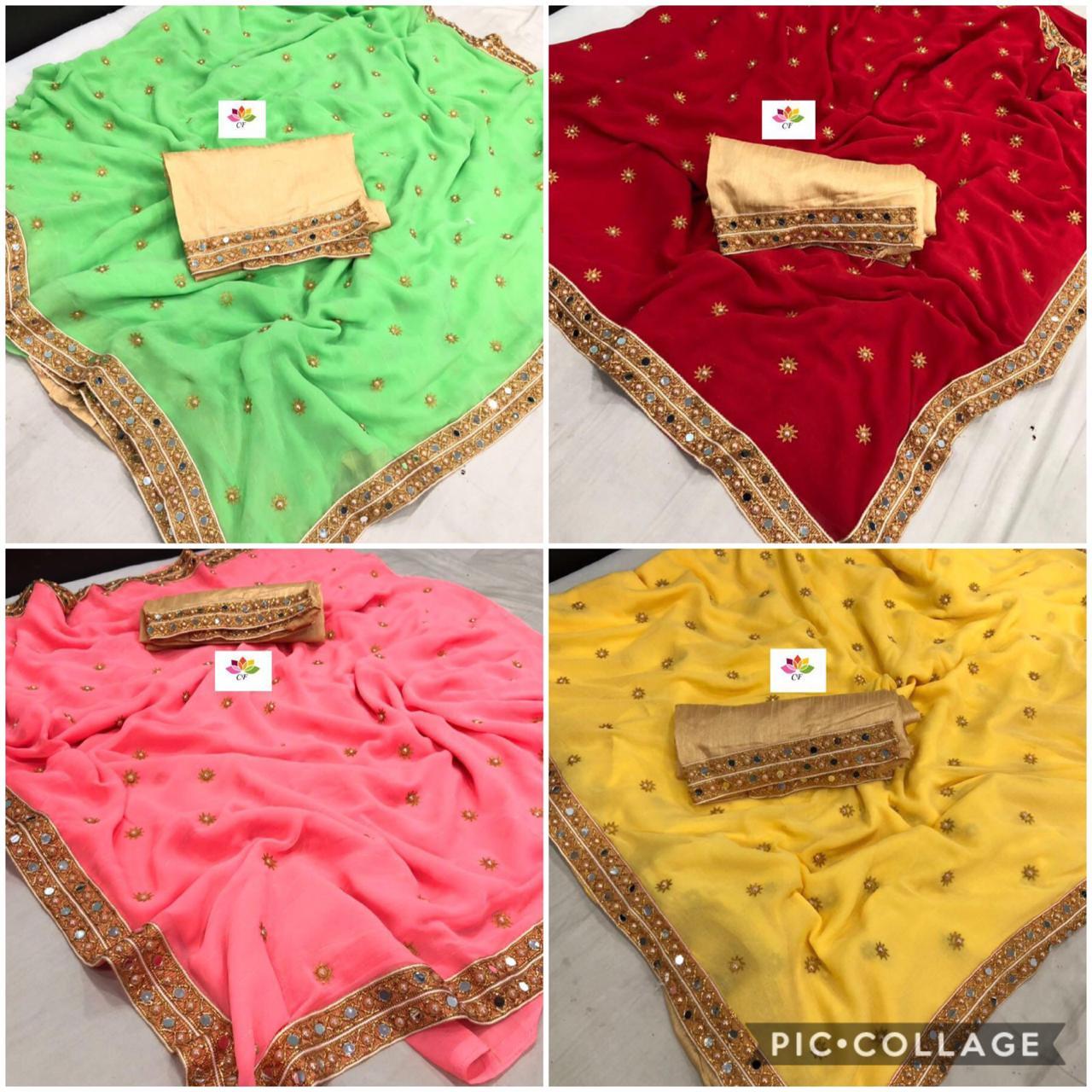 Banglori Saree - Chiffon Fabric, 5.5 Mtr Length, 12 Combination Colors | Lace Closure, Plain Pattern, Stone Work, Blouse Length 0.8 Mtr