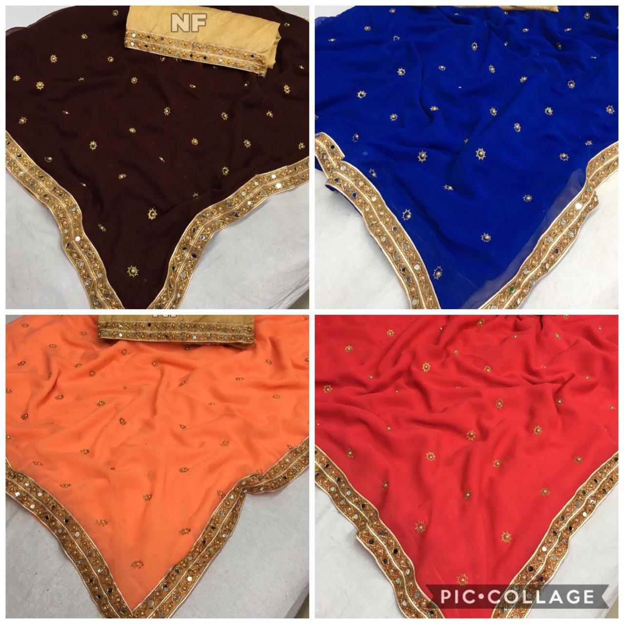 Banglori Saree - Chiffon Fabric, 5.5 Mtr Length, 12 Combination Colors | Lace Closure, Plain Pattern, Stone Work, Blouse Length 0.8 Mtr