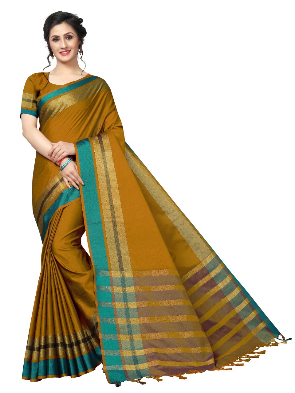 Jankar Cotton Saree - Cotton Fabric 5.5 Mtr Length Green Blue Orange Red Colors | Plain Pattern Laces Closure Blouse 0.8 Mtr