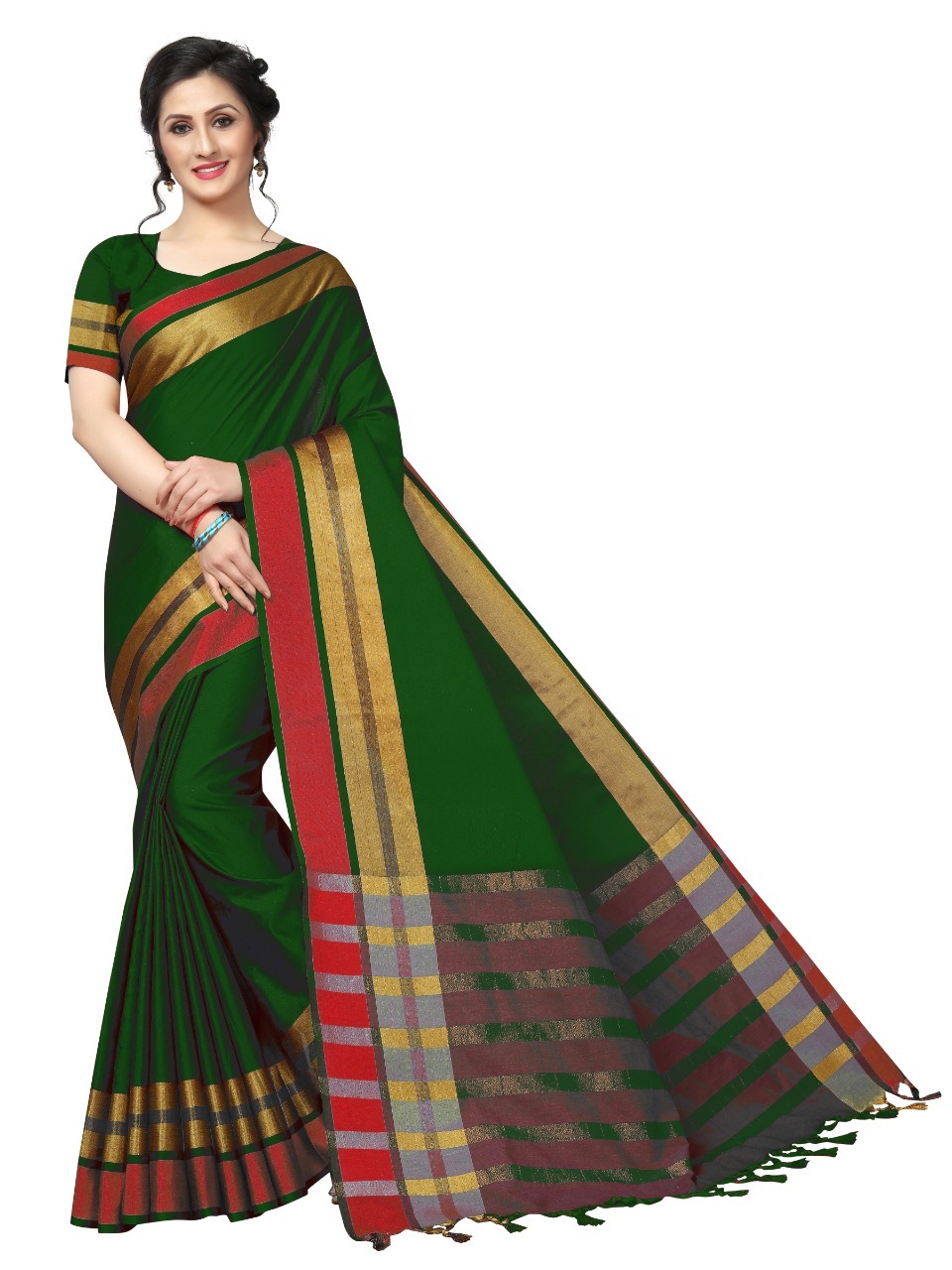 Jankar Cotton Saree - Cotton Fabric 5.5 Mtr Length Green Blue Orange Red Colors | Plain Pattern Laces Closure Blouse 0.8 Mtr