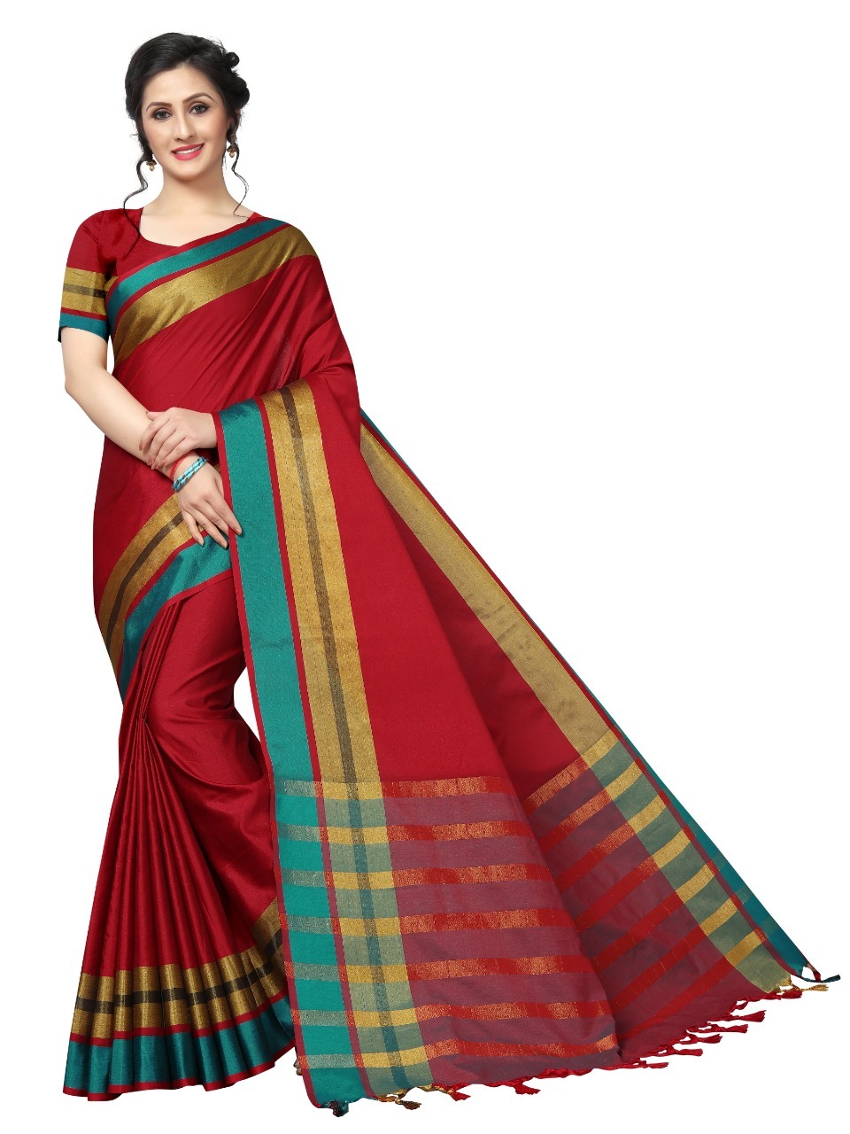 Jankar Cotton Saree - Cotton Fabric 5.5 Mtr Length Green Blue Orange Red Colors | Plain Pattern Laces Closure Blouse 0.8 Mtr