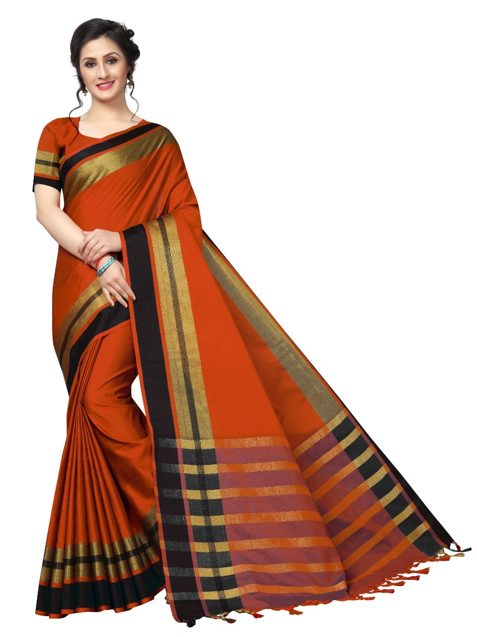 Jankar Cotton Saree - Cotton Fabric 5.5 Mtr Length Green Blue Orange Red Colors | Plain Pattern Laces Closure Blouse 0.8 Mtr