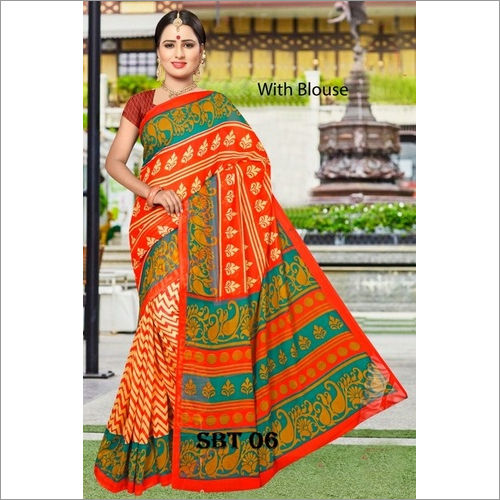 Orange Georgette Printed Saree With Blouse Piece