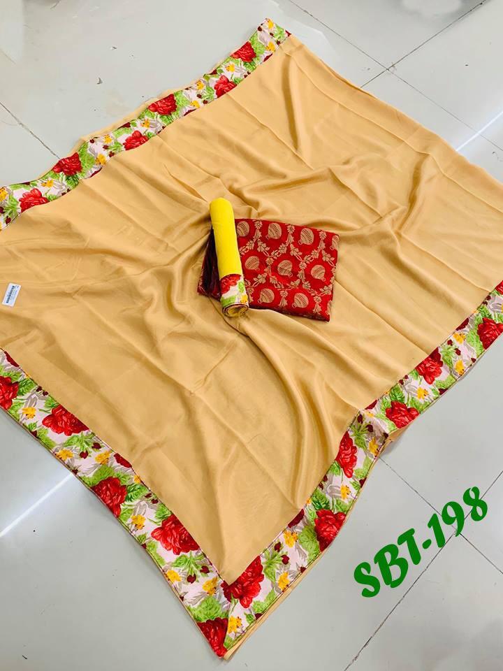 Plain Crepe Saree - 5.5 Mtr Length, 0.8 Mtr Blouse | Yellow Crepe Fabric, Heavy Brocade With Lace Closure, Plain Pattern