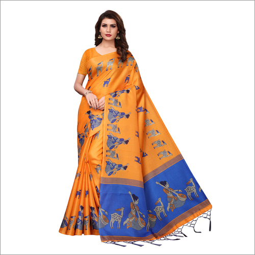 MAITHALI SAREES - PREMIUM HEAVY KHADI Saree, Length: 5.5 Mtr, Blouse Length: 0.8 Mtr, Multi Color, Printed Pattern, With Patch Work Laces