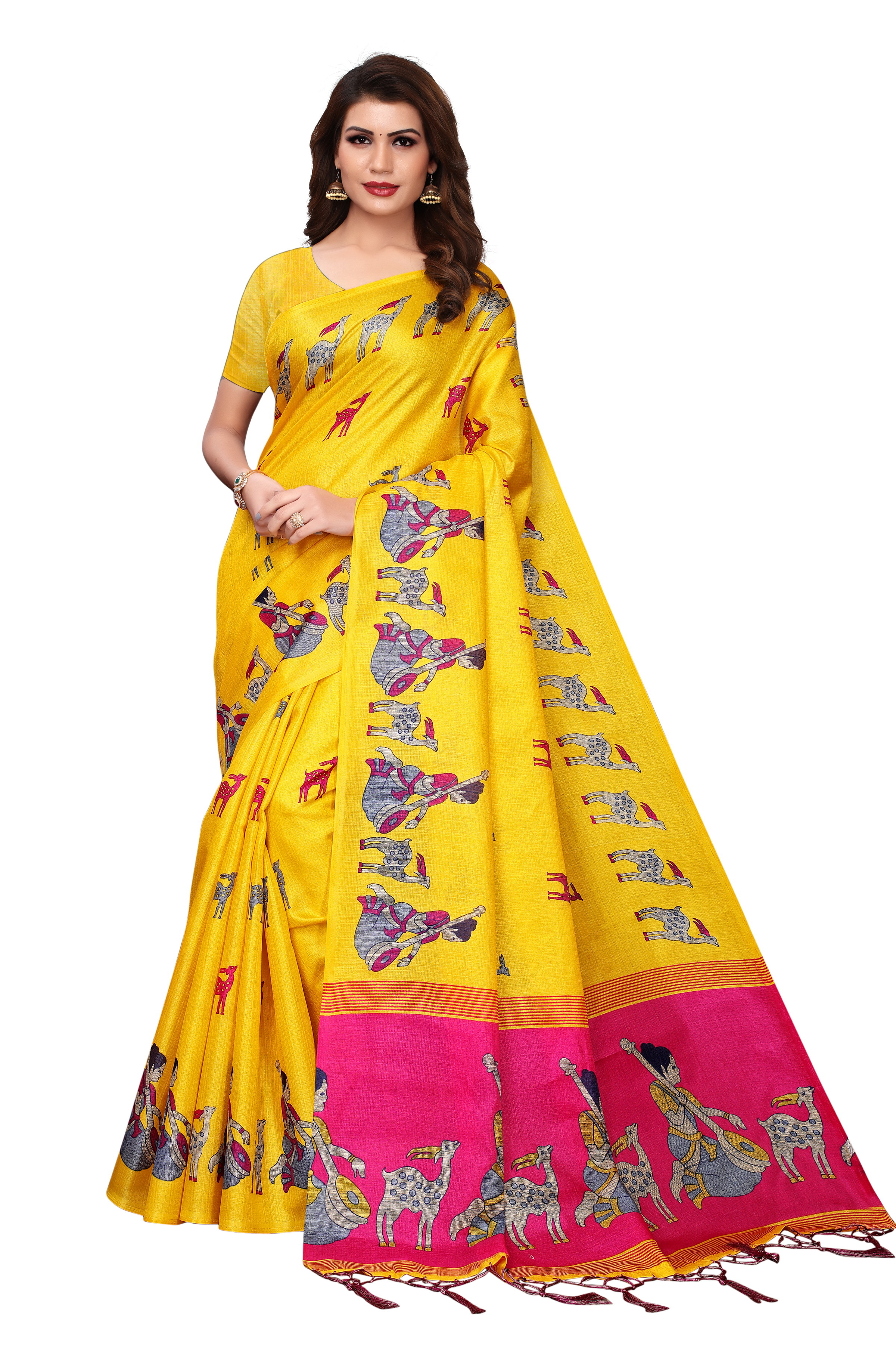 Maithali Sarees - Premium Heavy Khadi Saree, Length: 5.5 Mtr, Blouse Length: 0.8 Mtr, Multi Color, Printed Pattern, With Patch Work Laces