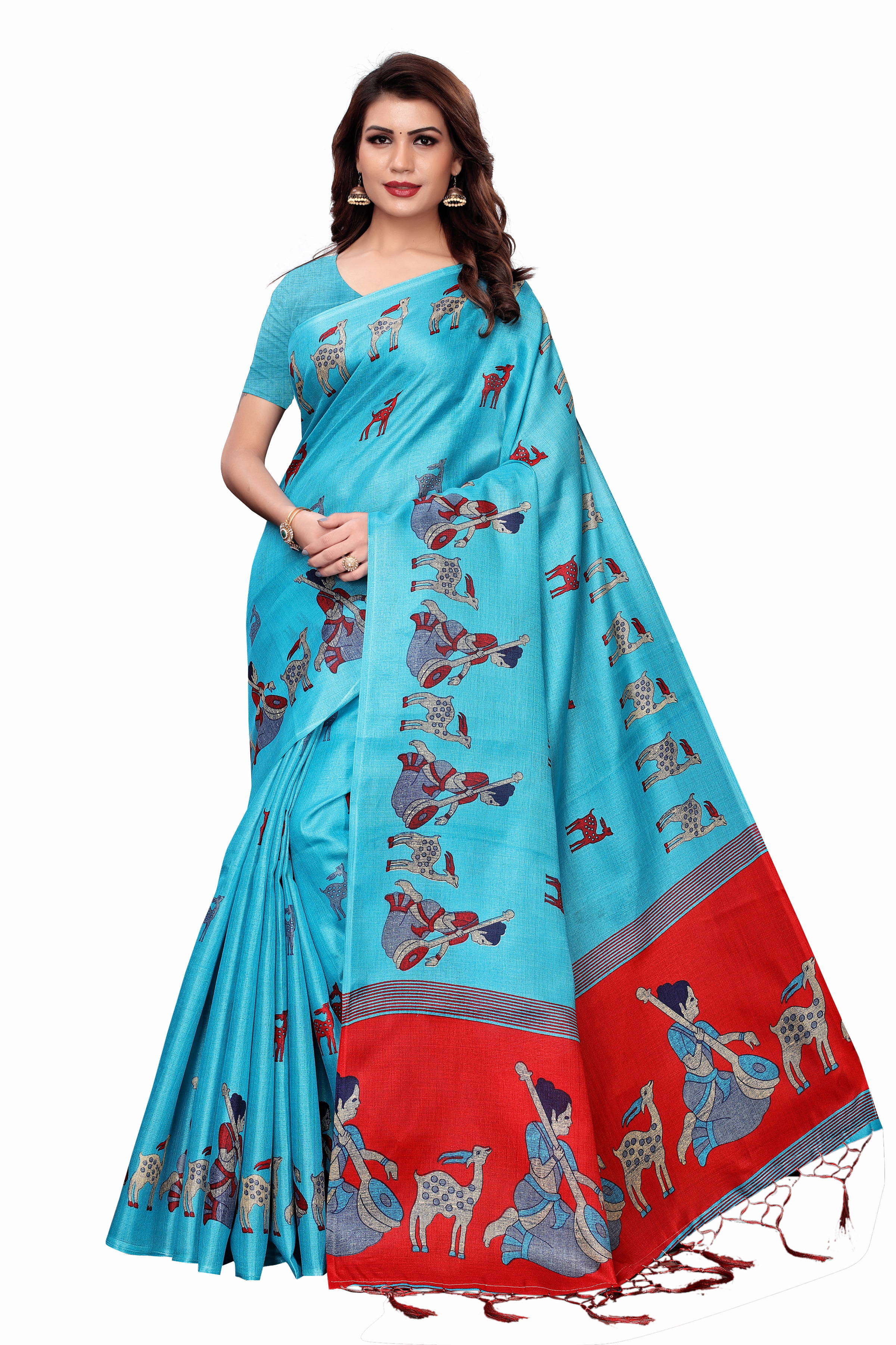 Maithali Sarees - Premium Heavy Khadi Saree, Length: 5.5 Mtr, Blouse Length: 0.8 Mtr, Multi Color, Printed Pattern, With Patch Work Laces