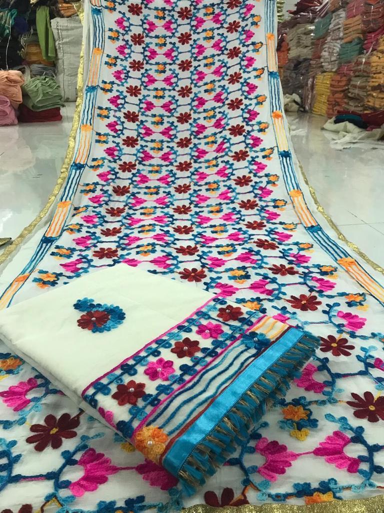 Cotton Dress Material - French Crepe Fabric, Multi Color, Embroidered Pattern With Laces, Customizable Size, Casual Ethnic Wear