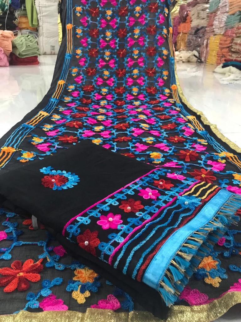 Cotton Dress Material - French Crepe Fabric, Multi Color, Embroidered Pattern With Laces, Customizable Size, Casual Ethnic Wear