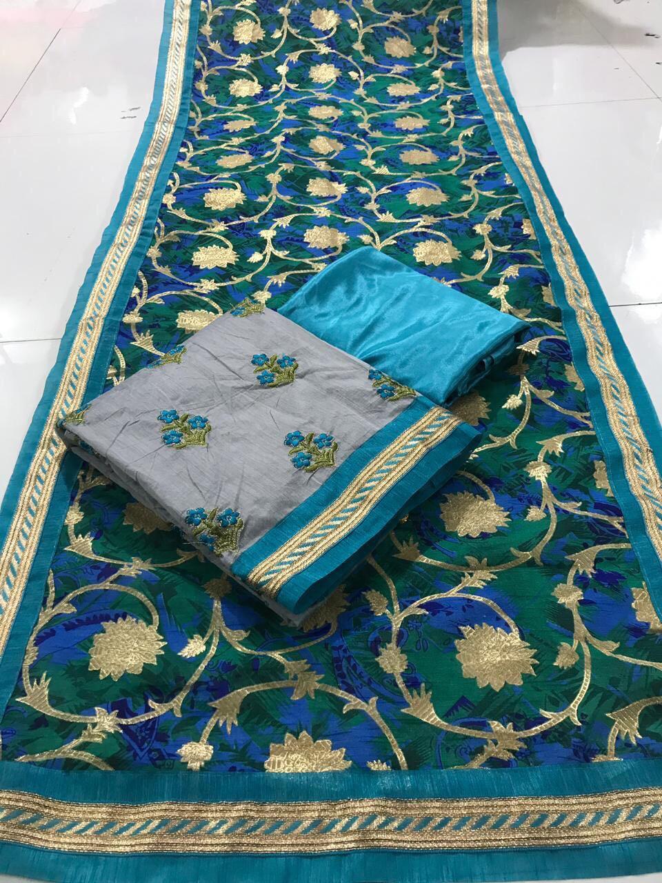 Cotton Dress Material - French Crepe Fabric, Multi Color, Embroidered Pattern With Laces, Customizable Size, Casual Ethnic Wear