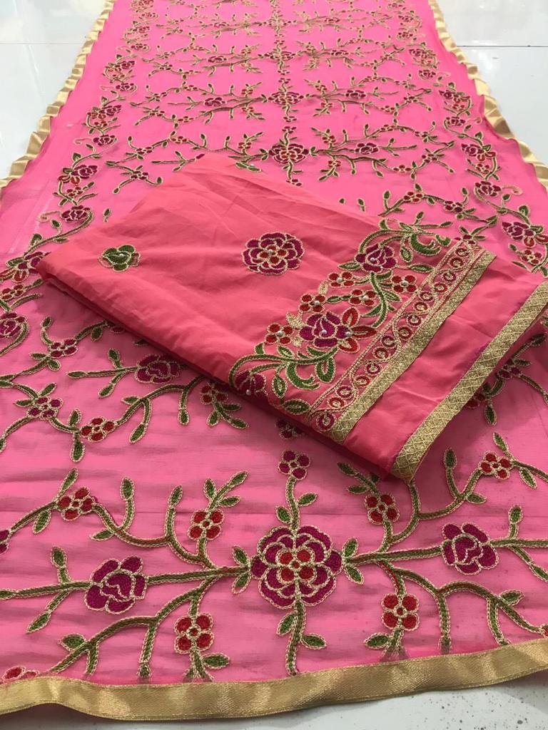 Cotton Dress Material - French Crepe Fabric, Multi Color, Embroidered Pattern With Laces, Customizable Size, Casual Ethnic Wear