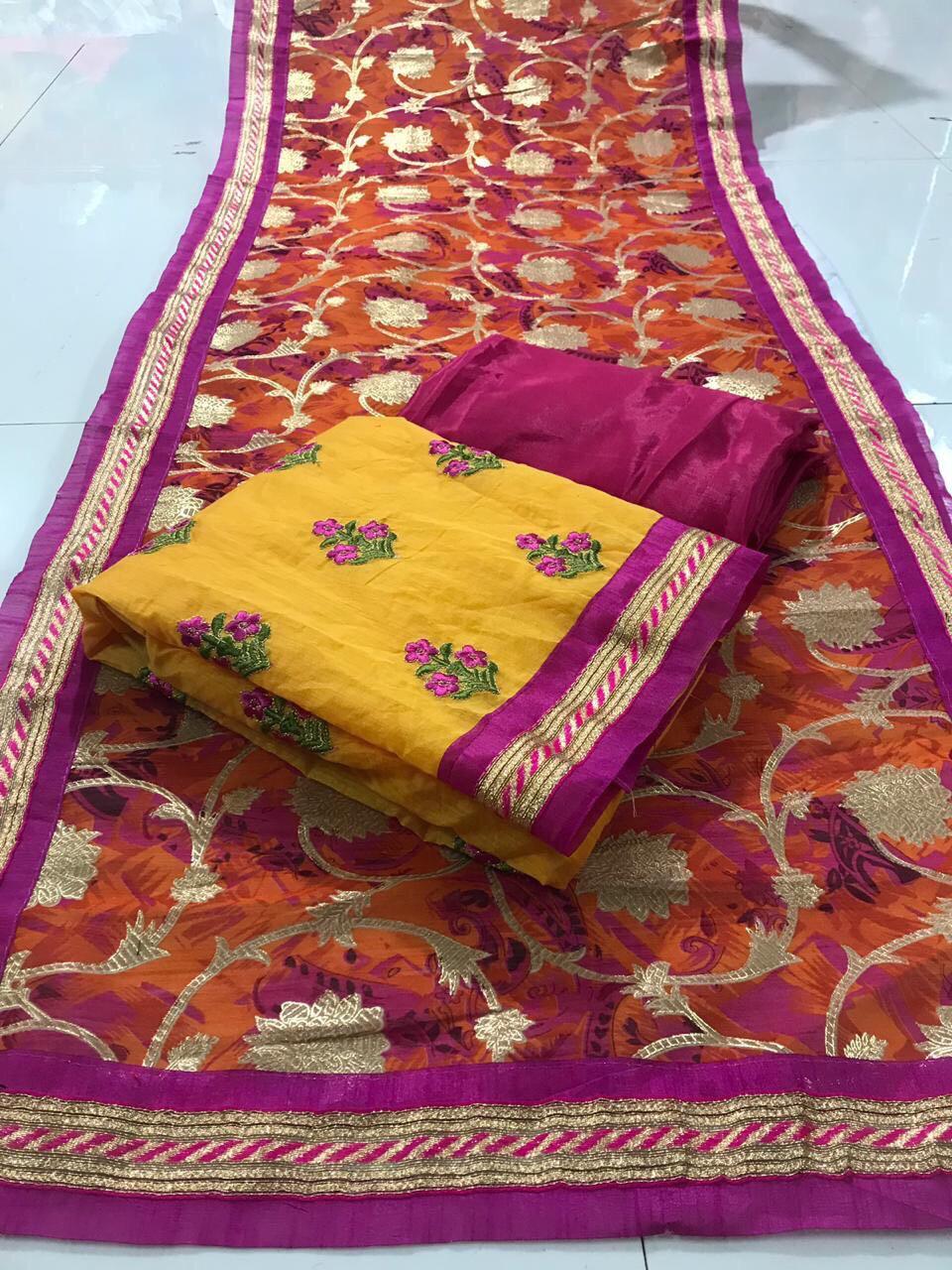 Cotton Dress Material - French Crepe Fabric, Multi Color, Embroidered Pattern With Laces, Customizable Size, Casual Ethnic Wear