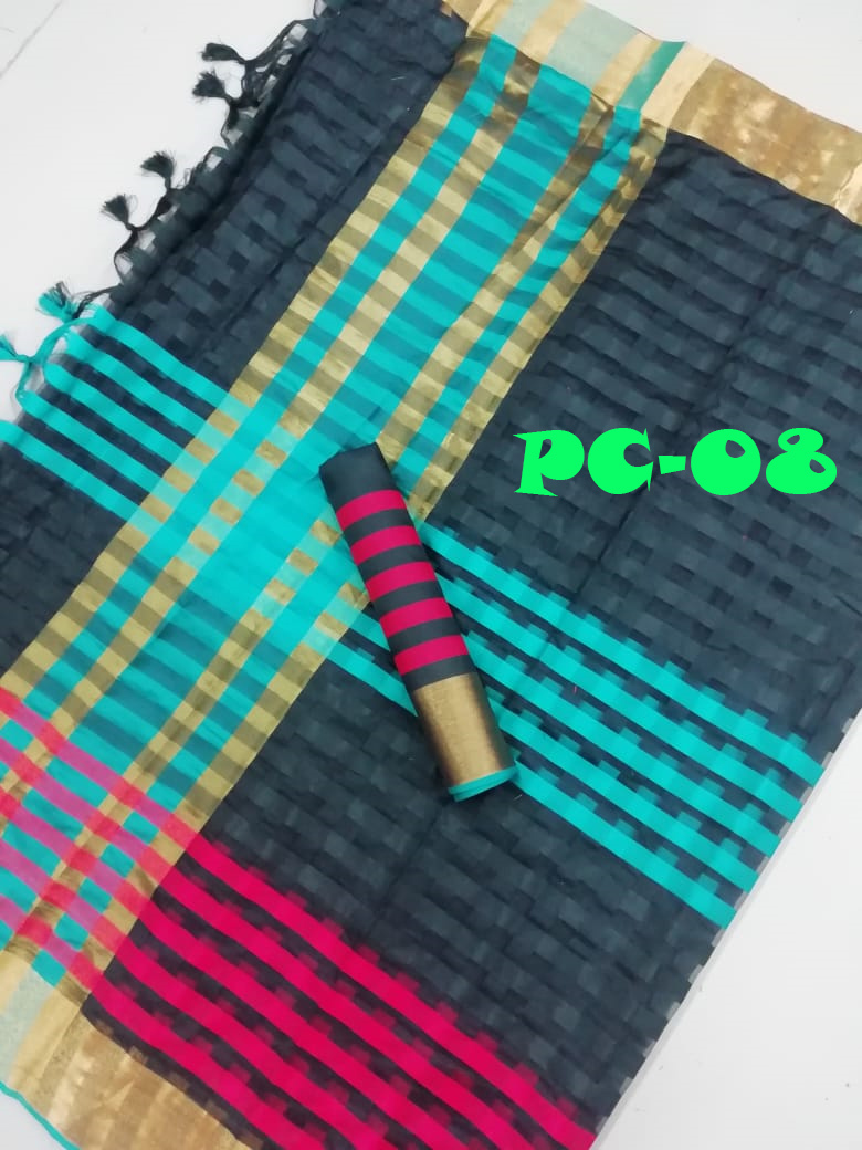 Soft South Saree - Cotton Chanderi, Length: 5.5 Mtr, Blouse Length: 0.8 Mtr | Color: Blue/black, Closure: Laces, Fabric Type: Chiffon