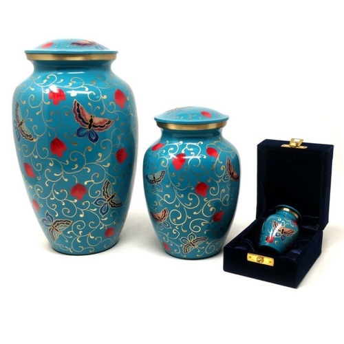 राख के लिए नीला एल्युमिनियम का अंतिम संस्कार कलश सेट