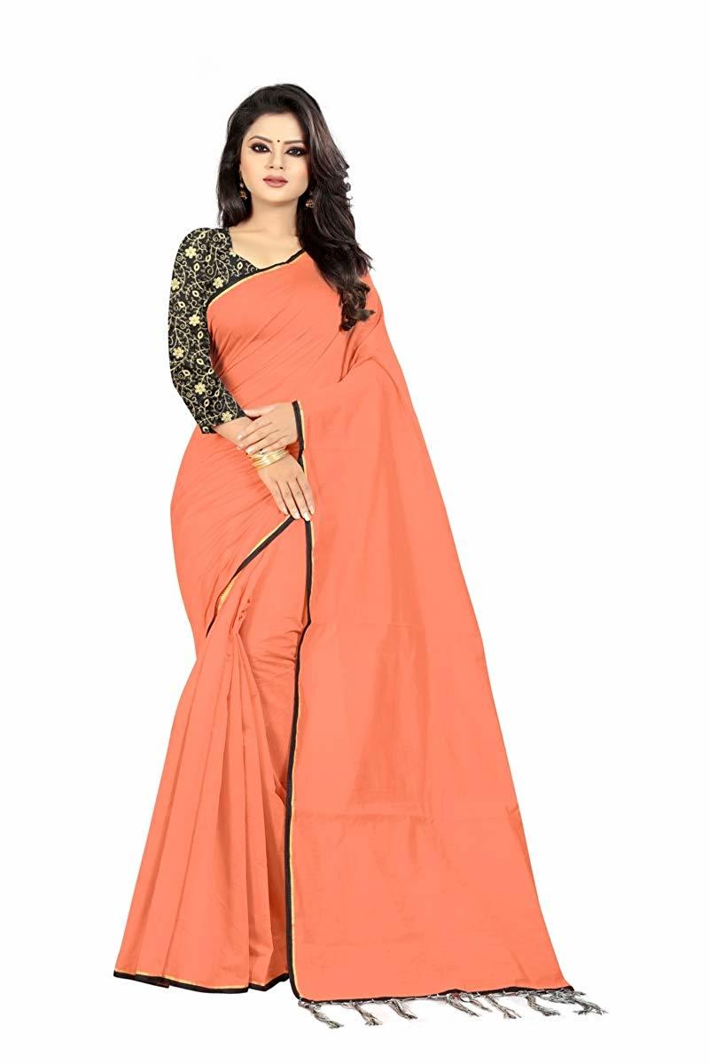 Doriya Cotton Saree - 5.5 Mtr Length 0.8 Mtr Blouse | Plain Pattern Features Piping & Jhalar In Red White Pink Green