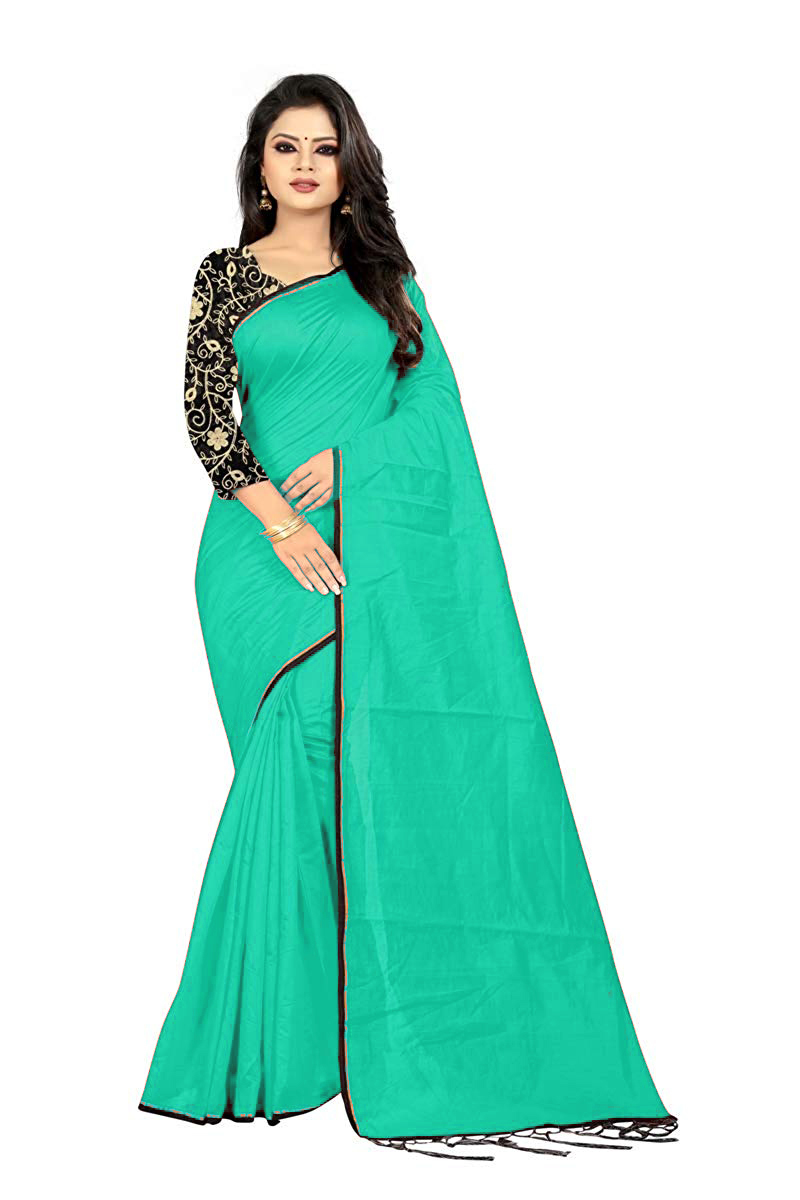Doriya Cotton Saree - 5.5 Mtr Length 0.8 Mtr Blouse | Plain Pattern Features Piping & Jhalar In Red White Pink Green